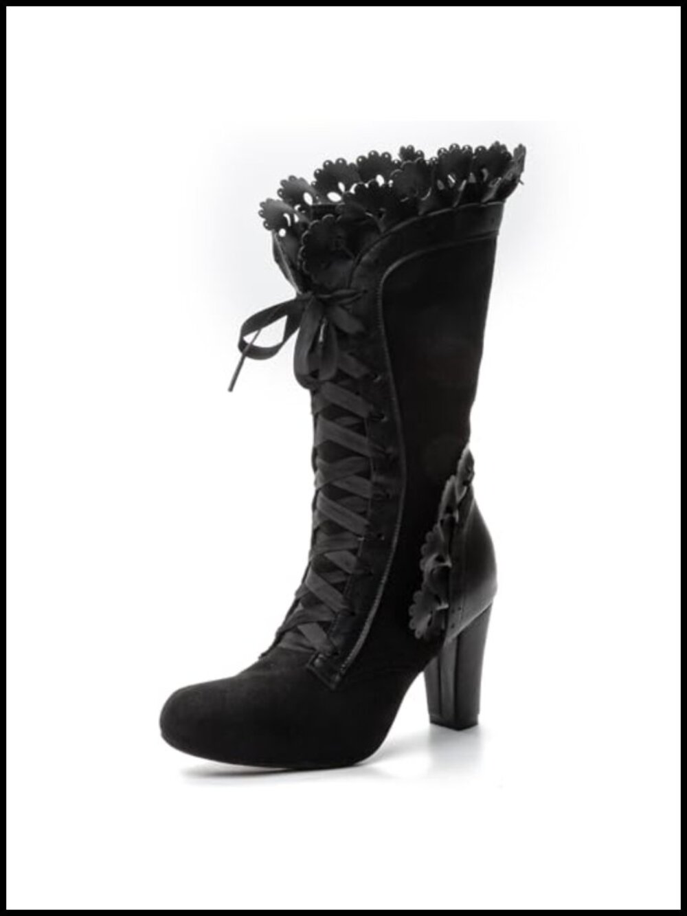 Vintage Bow Ruffles Lace Up Mid Calf Boots Cuban Heel Faux Suede Gothic